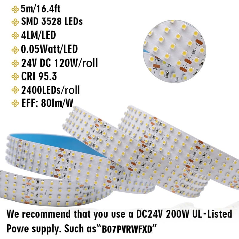 SuperlightingLED Quad Row LED Strip Lights - 24VDC 3528SMD 146LEDs/Ft High CRI 95 - Brightest Flexible LED Tape Lights - 1,170 Lumens/Ft - 2400 LEDs 16.4Ft Per Roll For photographic Lighting(White 6000K) - Image 4